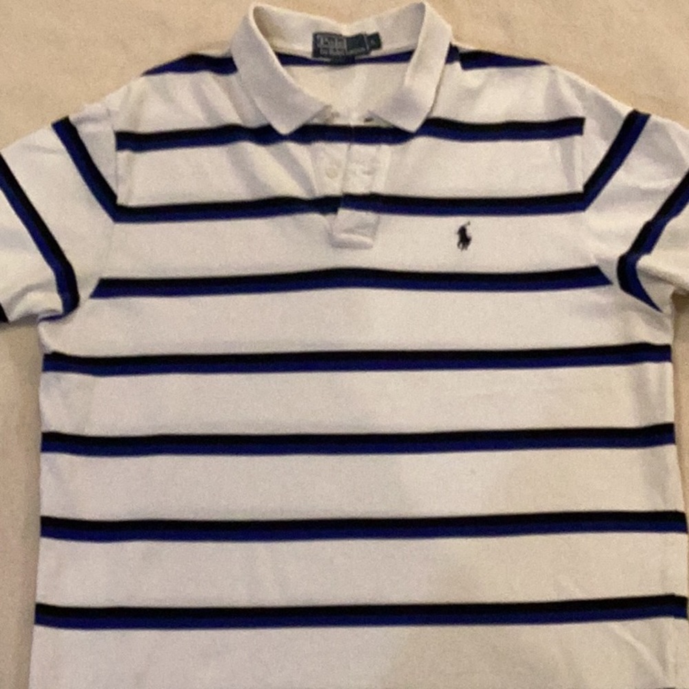 (L) Ralph Lauren Polo. White shirt with Black and Blue stripes
